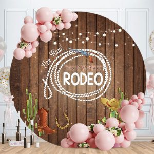 Aperturee First Rodeo Cowboy Wood Round Birthday Backdrop | Round Birthday Backdrop Cover | Round Backdrop Fabric Cover | Round Party Backdrop