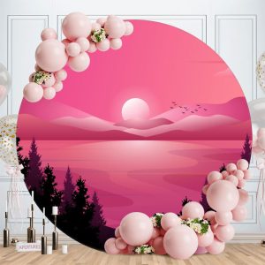 Aperturee Forest And Pink Sunset Theme Round Birthday Backdrop