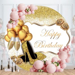 Aperturee Gold Glitter Heels And Ballons Round Birthday Backdrop