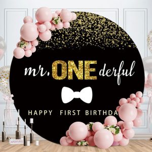 Aperturee Gold Glitter Round Black 1st Happy Birthday Backdrop