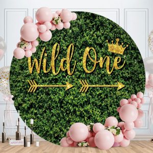 Aperturee Green Leaves And Gold Wild One Round Birthday Backdrop