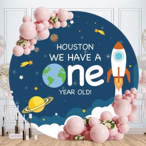 Aperturee Houston Space Circle Happy 1St Birthday Backdrop | Round Backdrop Fabric Cover | Circle Birthday Backdrop Cover | Birthday Backdrop Ideas