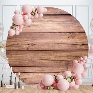 Aperturee Light Brown Simple Wooden Round Birthday Party Backdrop