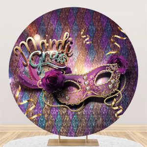 Aperturee Mardi Gras Carnival Purple Glitter Mask Circle Backdrop | Round Backdrop For Birthday Party | Circle Background For Party | Round Party Back