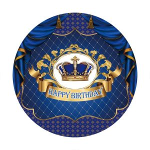 Aperturee Navy And Gold Crown Circle Happy Birthday Backdrop | Round Backdrop | Round Birthday Backdrop | Happy Birthday Round Backdrop Cover