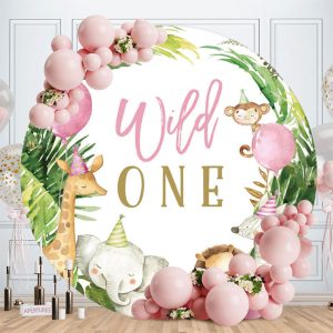 Aperturee Pink Ballon Jungle Animals Round 1st Birthday Backdrop