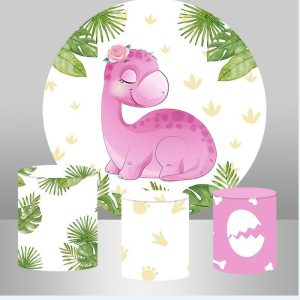 Aperturee Pink Dinosaur Happy Birthday Backdrop Kit For Party | Circle Background For Party | Circle Party Backdrop | Circle Birthday Backdrop Cover