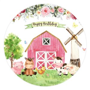 Aperturee Pink Farmhouse And Animals Round Happy Birthday Backdrop | Round Backdrop Covers | Round Backdrop Fabric Cover | Round Backdrop Cover Diy