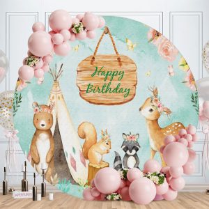 Aperturee Pink Floral And Animals Jungle Round Birthday Backdrop