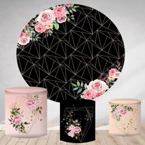 Aperturee Pink Floral And Black Abstract Round Birthday Backdrop Kit | Round Backdrop Cover Diy | Round Backdrop Stand Covers | Circle Party Backdrop