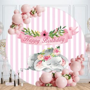 Aperturee Pink Floral And Elephant Round Happy Birthday Backdrop