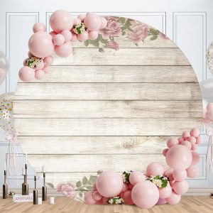 Aperturee Pink Floral And Grey Wood Round Birthday Backdrop