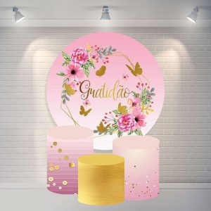 Aperturee Pink Flower Butterfly Round Happy Birthday Backdrop | Circle Background For Party | Circle Party Backdrop | Round Birthday Backdrop Cover