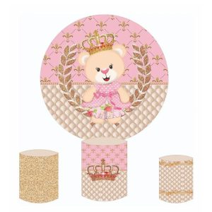 Aperturee Pink Glitter Teddy Bear Round Birthday Backdrop Kit | Birthday Round Backdrop Cover | Round Party Backdrop | Circle Birthday Backdrop Cover