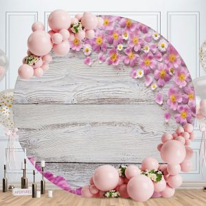 Aperturee Purple Floral Round White Wood Birthday Backdrop