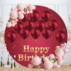 Aperturee Red Ballons Round Gold Happy Birthday Backdrop