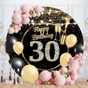 Aperturee Round Black Gold 30Th Birthday Backdrop | Round Backdrop Cover Diy | Birthday Round Backdrop Cover | Round Backdrop For Birthday Party