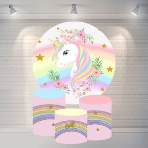 Aperturee Round Unicorn Rainbow Happy Birthday Backdrop For Girl | Custom Circle Backdrop Birthday | Circle Party Backdrop | Custom Round Backdrop