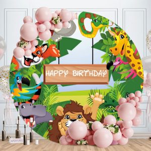 Aperturee Safari And Green Plants Round Happy Birthday Backdrop