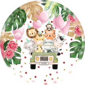 Aperturee Safari Animal Car Balloon Birthday Round Backdrops | Round Backdrop Cover | Custom Round Birthday Backdrop | Circle Birthday Backdrop