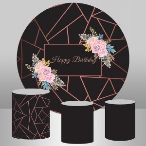 Aperturee Simple Pink Floral Happy Birthday Black Round Backdrop | Circle Party Backdrop | Birthday Backdrop Ideas | Birthday Round Backdrop Cover