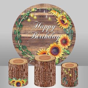 Aperturee Sunflowers And Brown Wood Happy Birthday Round Backdrop | Round Backdrop Cover Diy | Round Party Backdrop | Round Birthday Backdrop Cover