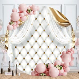 Aperturee White Diamond Gold Dot Round Happy Birthday Backdrop