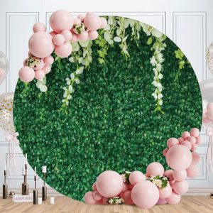 Aperturee White Floral Green Leaves Round Birthday Backdrop