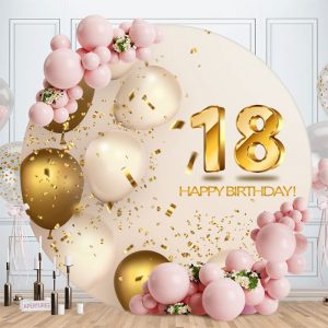 Aperturee White Gold Ballons Round 18th Birthday Backdrop