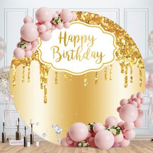 Aperturee Yellow Happy Birthday Glitter Round Party Backdrops