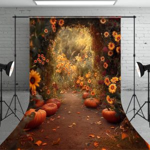 Autumn Scenery Arch Floral Pumpkins Photo Backdrop