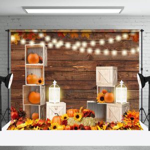 Autumn Wooden Pumpkins Maple Thanksgiving Backdrop