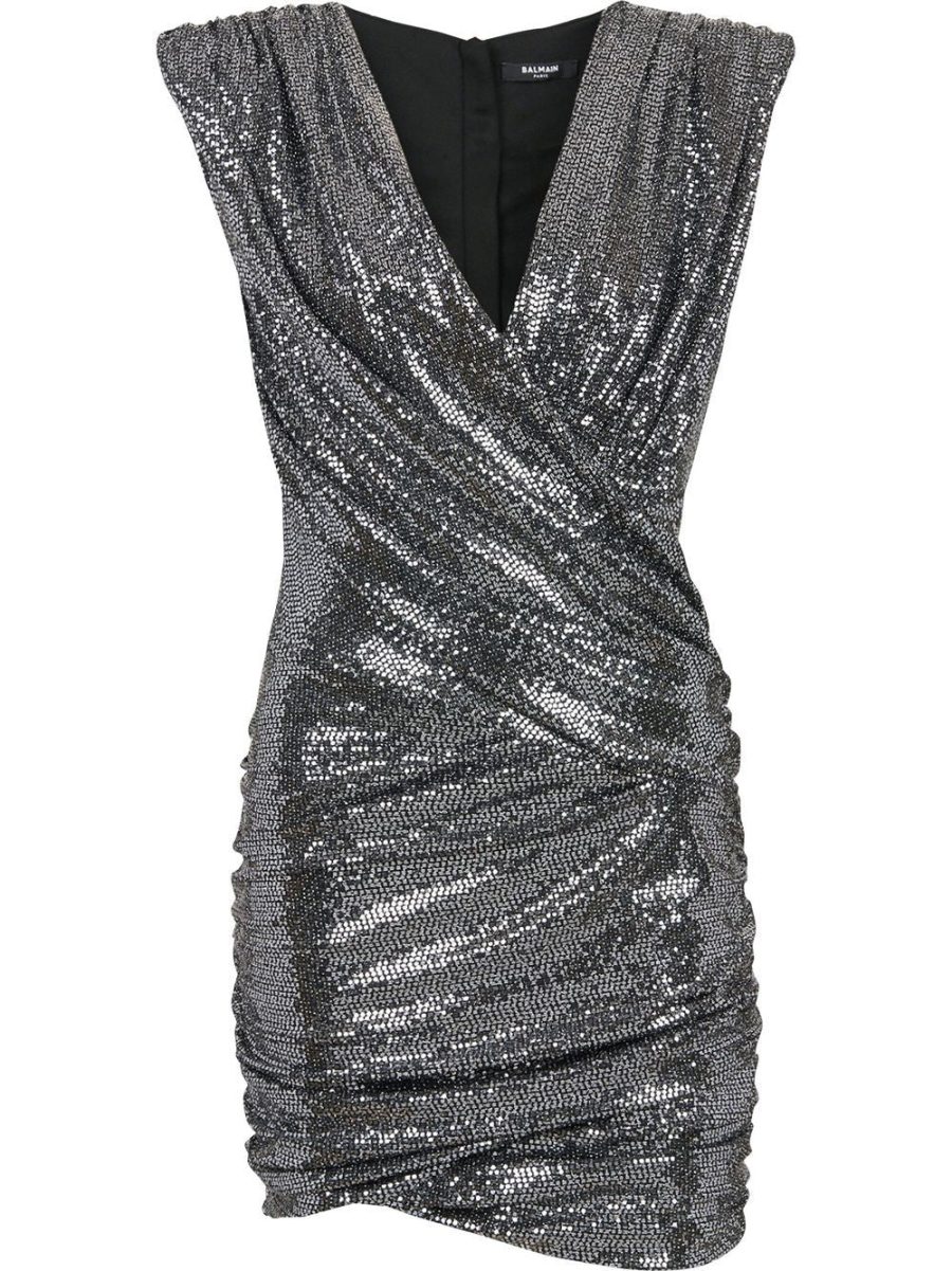 BALMAIN WOMEN Wrap Sleeveless Mini Dress Silver