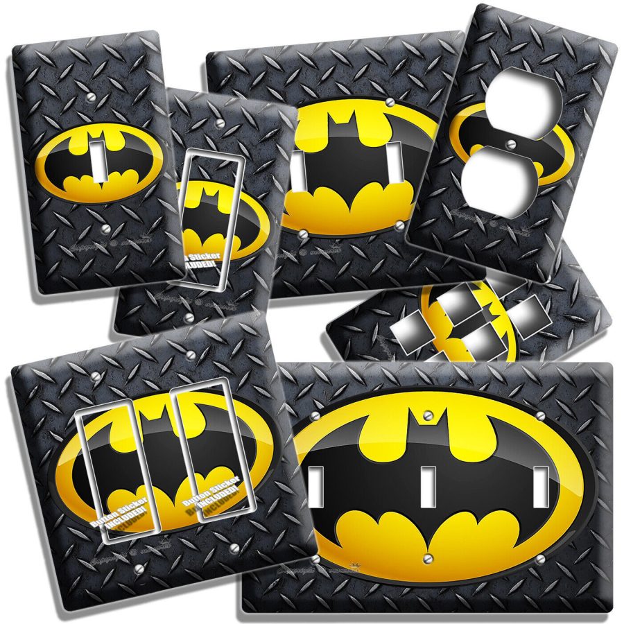 BATMAN BAT LOGO BLACK STEEL BACKGROUND LIGHTSWITCH OUTLET WALL PLATE TV ROOM ART