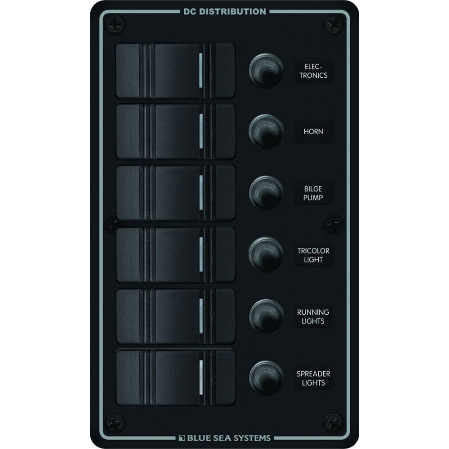 BLUE SEA 8373 WATER RESISTANT 6 POSITION - BLACK - VERTICAL MOUNT PANEL