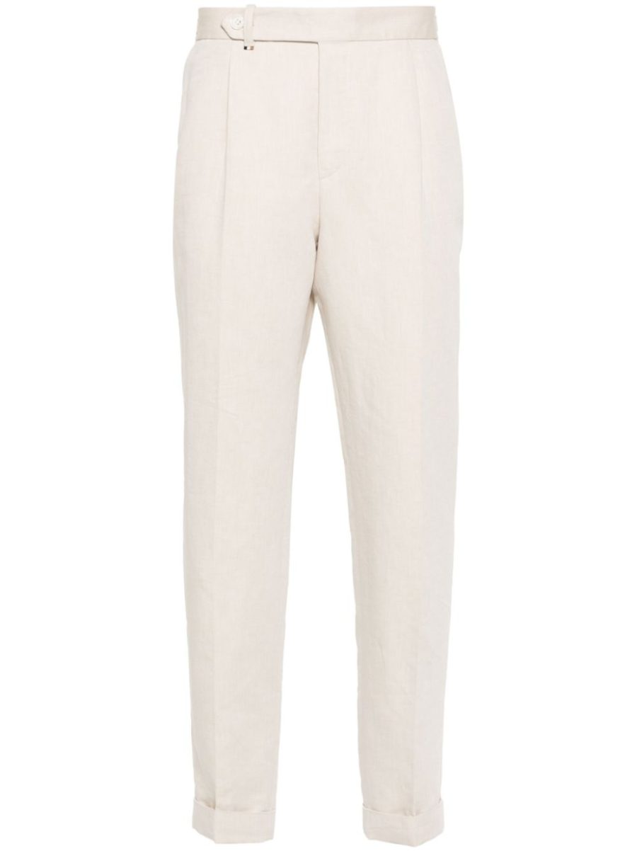 BOSS Slim-Cut Cotton Blend Tailored Trousers Light Beige