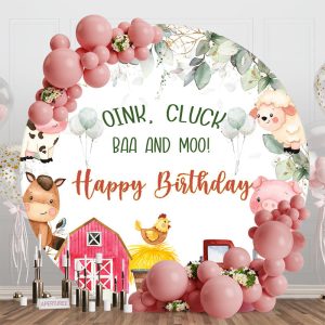 Barn Oink Cluck Baa And Moo Round Birthday Backdrop - Aperturee