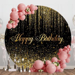 Black Gold Glitter Ribbons Round Birthday Backdrop