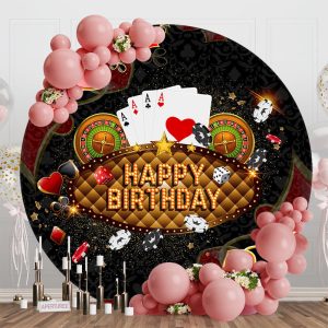 Black Playing Cards Casino Round Birthday Backdrop - Aperturee