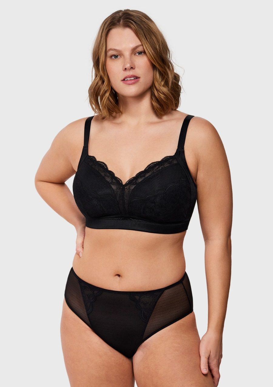 Blossom Mist Lace Trim Wireless Comfort Full Coverage Plus Size Bra - Black / 36 / J