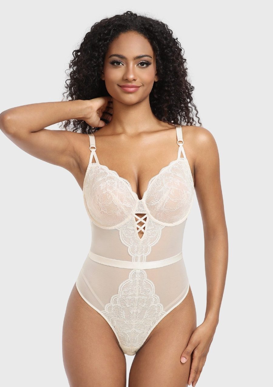 Blossom Mist Plus Size Lace Bodysuit Sexy Unlined Underwire Top Lingerie One Piece Snap Crotch Teddy - Ivory / L