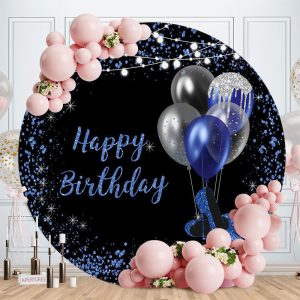 Blue Black Balloons Round Happy Birthday Backdrop - Aperturee