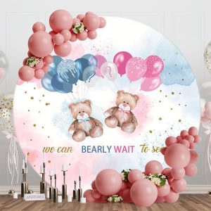 Blue Pink Bearly Wait Round Gender Reveal Backdrop - Aperturee