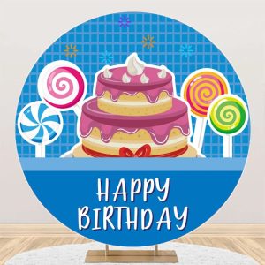 Blue Plaid Candyland Cake Round Birthday Backdrop