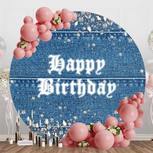 Blue Silver Diamonds Denim Round Birthday Backdrop