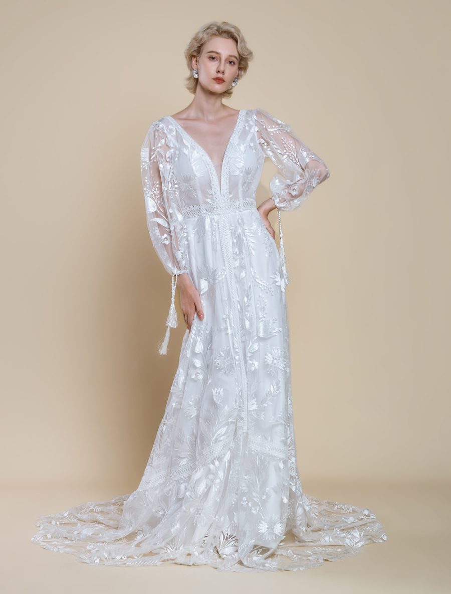 Boho Wedding Dress Polyester Lace A-Line With Train Natural Waist Backless Long Sleeves V-Neck Ivory