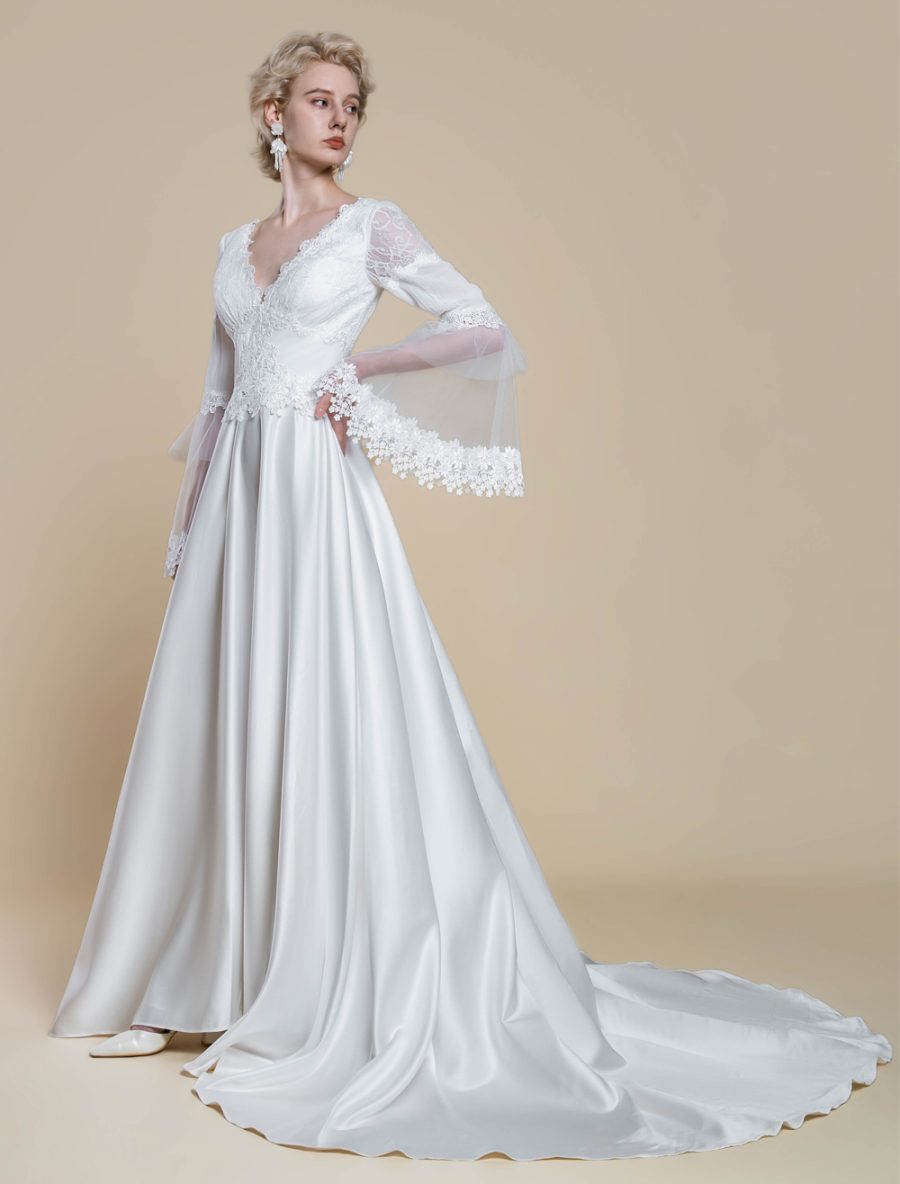 Boho Wedding Dress Polyester Lace Ball Gown With Train Natural Waist Backless Long Sleeves V-Neck Ivory