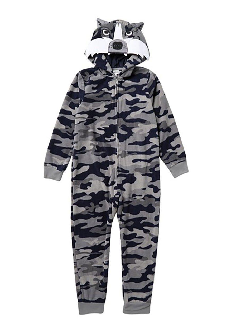 Boys Grey and Blue Camo Wolf Hooded Blanket Sleeper