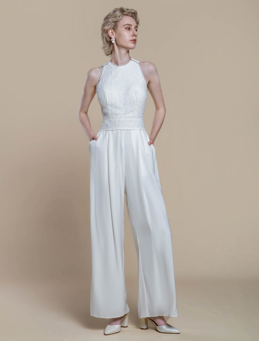 Bridal Jumpsuit Polyester Pearls Ankle-Length Jumpsuit Designed Neckline Sleeveless Halter Natural Waist Ivory