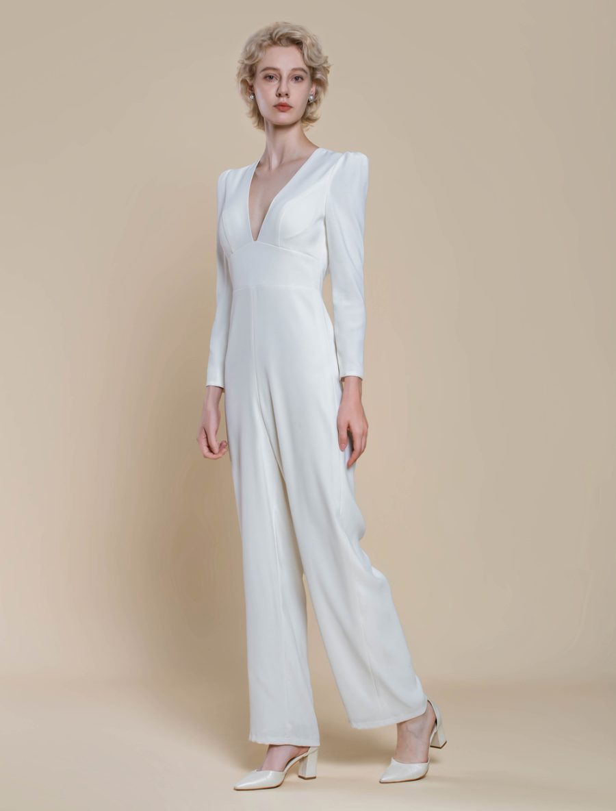 Bridal Jumpsuit Stretch Crepe Buttons Floor-Length Jumpsuit V-Neck Long Sleeves Natural Waist Ivory